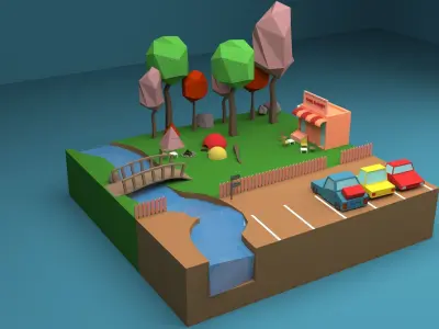 Camp Low-Poly 3D Model town with trees and river Low-poly 3D model