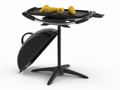 Open Lid Electric BBQ Grill with Corn Black 3D model