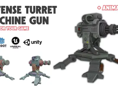 3D Defense Turret Machine Gun Animatable with Multi-Parts Low-poly 3D model