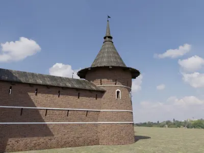 Fortress brick castle in middle of field Low-poly 3D model