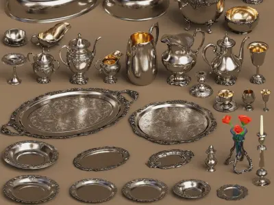 Lowpoly Silver holloware service set (44 items) 3D model