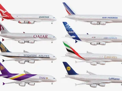 Bundle Airbus A380 pack 8 Airplanes Low-poly 3D model