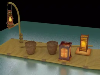 Chinese fishing raft wirh oil lantern  3D model