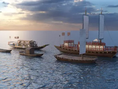 Korean Japanese Medieval Ship Set 3D model