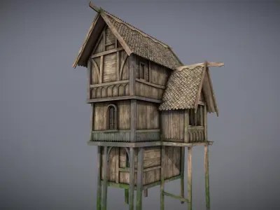 Medieval Lake Village - House 14 with interiors Low-poly 3D model