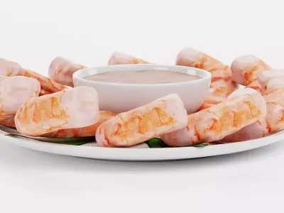Shrimps on Plate with Sauce - Realistic Seafood Arrangement 3D model