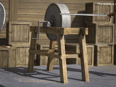 Manual Sharpening Wheel with Medieval Sword Animated Rigged 3D model
