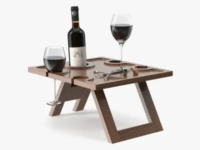 Rustic Wine Table with Corkscrew and Red Wine 3D model