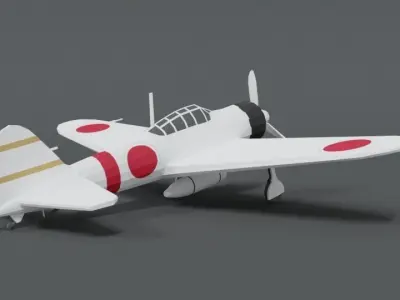 Low Poly Cartoon Mitsubishi A6M Zero WWII Airplane Low-poly 3D model