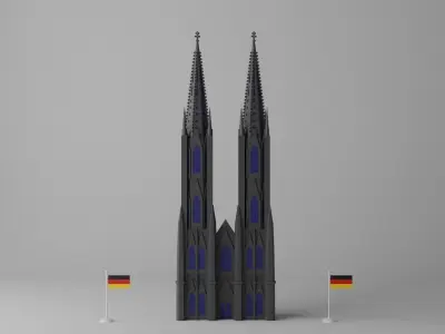 Cartoon Cologne Cathedral Front Facade Low-poly 3D model