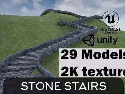Modular Stone Stairs and Road Pack Low-poly 3D model