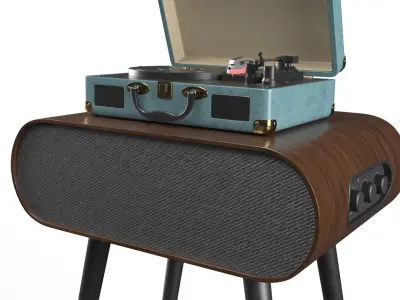 Portable Suitcase Turntable on Wooden Speaker Stand 3D model