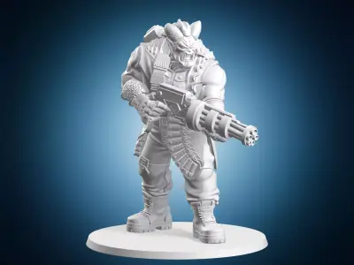 Retro Orc Soldier With Gatling Gun Fantasy Miniature 3D print model