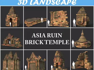 Low poly Mossy Brick Ruin Asia Temple Pack Low-poly 3D model