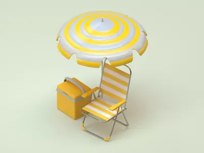 Beach set - striped sun-umbrella folding chair and cooler box 3D Low-poly 3D model