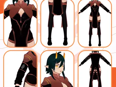 VRM DEMON ELF FANTASY RPG GIRL COAT EVIL HORNED 3D model