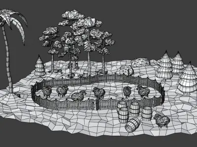 Props for Unity Trees sheep barrel fence rocks Low-poly 3D model