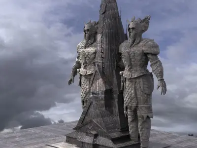Viking Hall exterior ship design With Statue of warrior 3D model