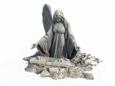 Ancient sculpture of angel with folded wings 3D model
