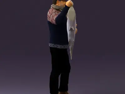 Cozy beard man in glasses with fish 0963 3D model