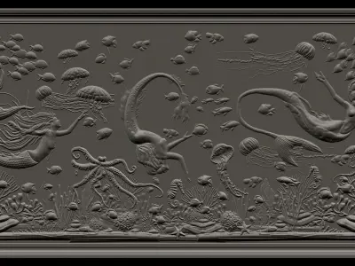 Aquatic Mermaid Theme Panno v6 STL for CNC Relief engraving 3D model