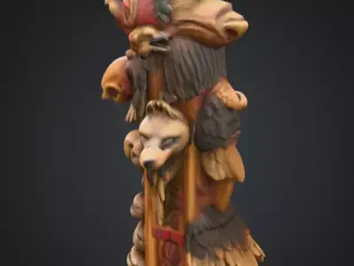 Vertical Native American medicine totem with Animal Low-poly 3D model