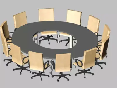 Modern Circular Conference Table with Wood-Finish Office Chairs 3D model