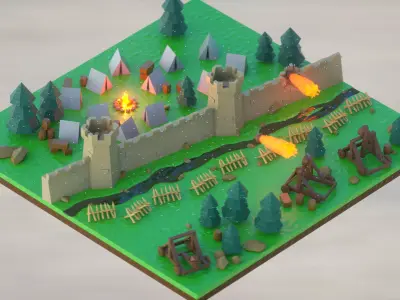 Isometric low-poly medieval castle wall Low-poly 3D model