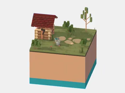Isometric European Village Well Draw-Well Low-poly 3D model