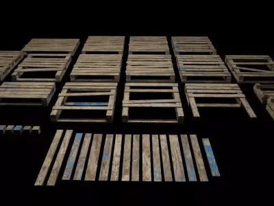 Wooden Pallets boxes and sticks Gameready and optimized assets Low-poly 3D model