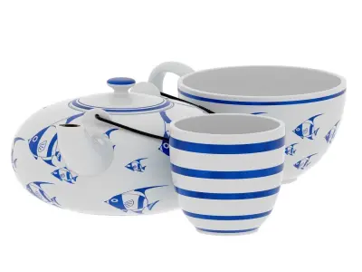 Chinese porcelain tea set with fish paints pattern 3D model