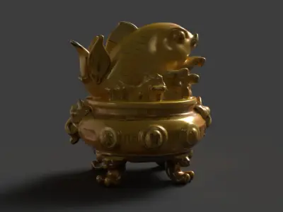  Chinese fish money pot  Low-poly 3D model