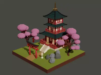 Japanese Temple Low-poly 3D model