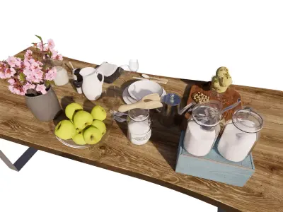 3D set furniture Rustic Breakfast Table Low-poly 3D model