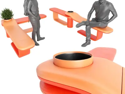 Outdoor bench in a modern style with a flower bed or urn Low-poly 3D model
