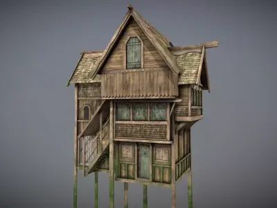 Medieval Lake Village - House 5 with interiors Low-poly 3D model