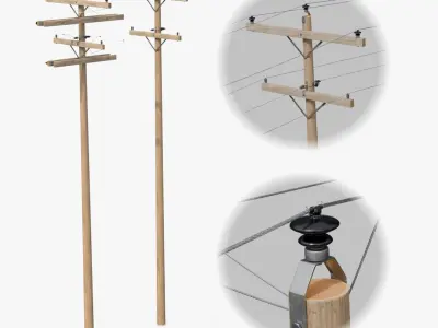Utility Pole - Wooden Mast with Double Crossarms 3D model