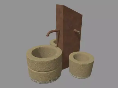 Low Poly Fountain set of wooden buckets Low-poly 3D model