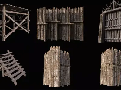 Realistic Medieval Logs Fence Palisade Low-poly 3D model