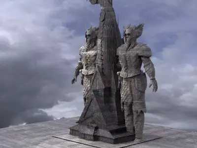 Viking Hall exterior ship design With Statue of warrior 3D model