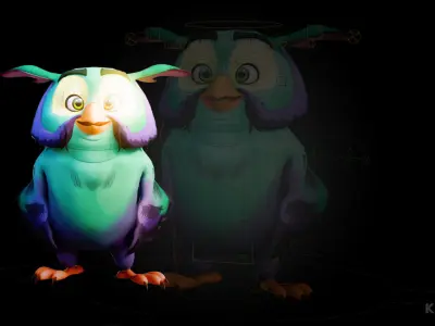 Chibi Owl - 3D green - Rigged Cartoon Bird Low-poly 3D model