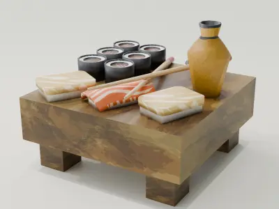  A Cozy Table with Sushi Maki Sashimi and Sauces Low-poly 3D model