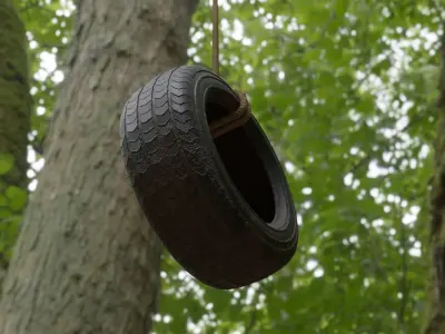 Old tree hanging car tire swing Low-poly 3D model
