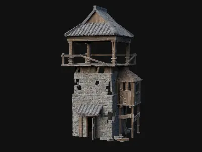 DESTROYED RUINED JAPANESE TOWER WATCHTOWER WALLS COLLECTION AAA Low-poly 3D model