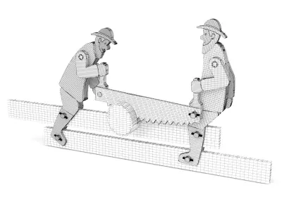Wooden toy men sawing log 02 3D model