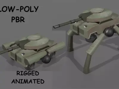 Fantastic Military Vehicle with 4 arms lowpoly animated pbr Low-poly 3D model