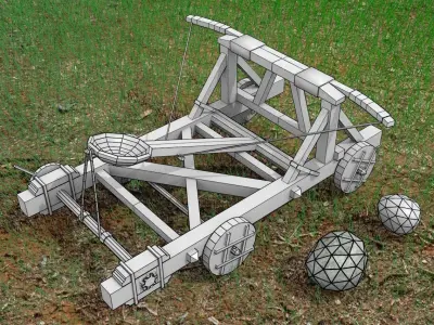 3D Catapult wooden cart in grass Low-poly 3D model