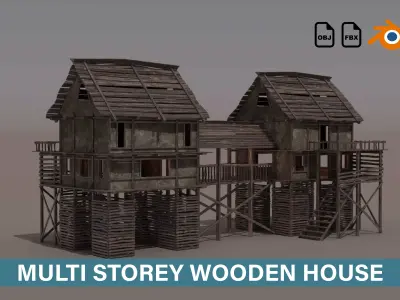 Low Poly Multi-Storey Wooden House Low-poly 3D model