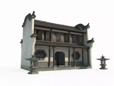 Two story residential buildings in ancient Asian architecture 3D model