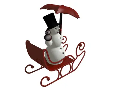 Snowman on a sleigh with an umbrella and a bird 3D model